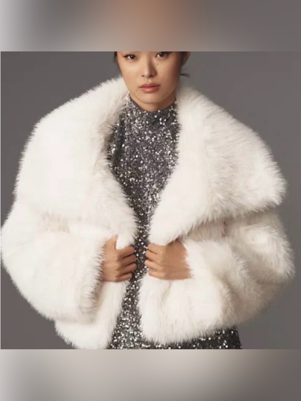 Maeve Anthropologie Luxury White Faux Fur Crop Jacket Silver Buttons S18